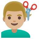 Google (Android 12L)  💇🏼‍♂️  Man Getting Haircut: Medium-light Skin Tone Emoji