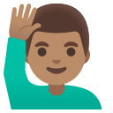 Google (Android 12L)  🙋🏽‍♂️  Man Raising Hand: Medium Skin Tone Emoji